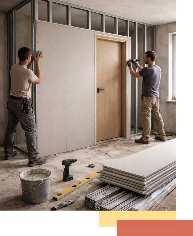 Перегородка из гипсокартона с дверью под ключ в Междуреченске