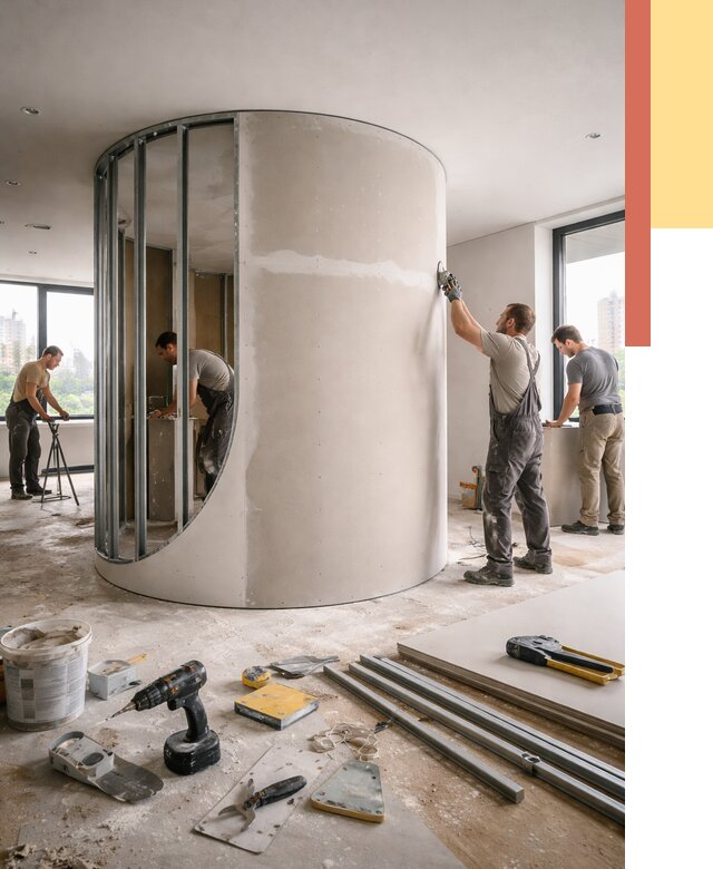 Радиусная перегородка из гипсокартона в Междуреченске от 2930 руб. под ключ | ОТДЕЛОЧНИК-Мжд