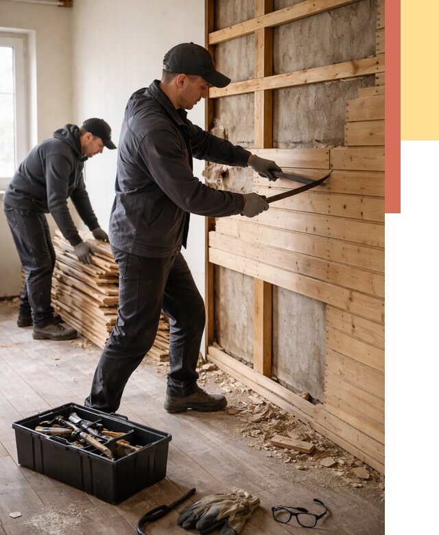 Демонтаж вагонки в Междуреченске от 3840 руб/м2 — быстро и недорого | ОТДЕЛОЧНИК-Мжд