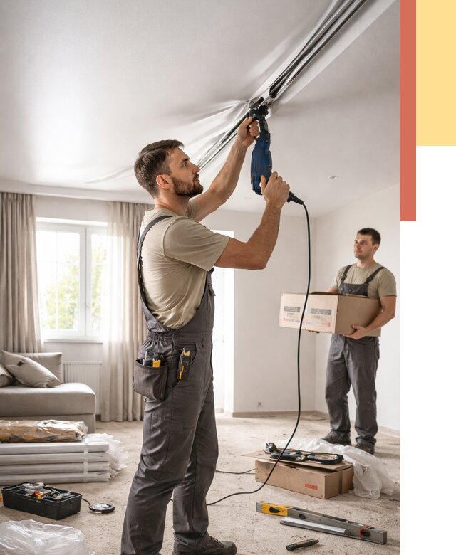 Монтаж сатинового натяжного потолка в Междуреченске от 3537 руб. | Быстро, недорого — ОТДЕЛОЧНИК-Мжд