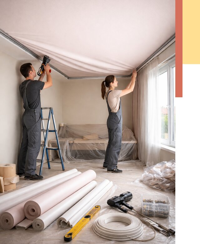 Монтаж цветного натяжного потолка в Междуреченске от 4244 руб/м² — быстро и недорого | ОТДЕЛОЧНИК-Мжд