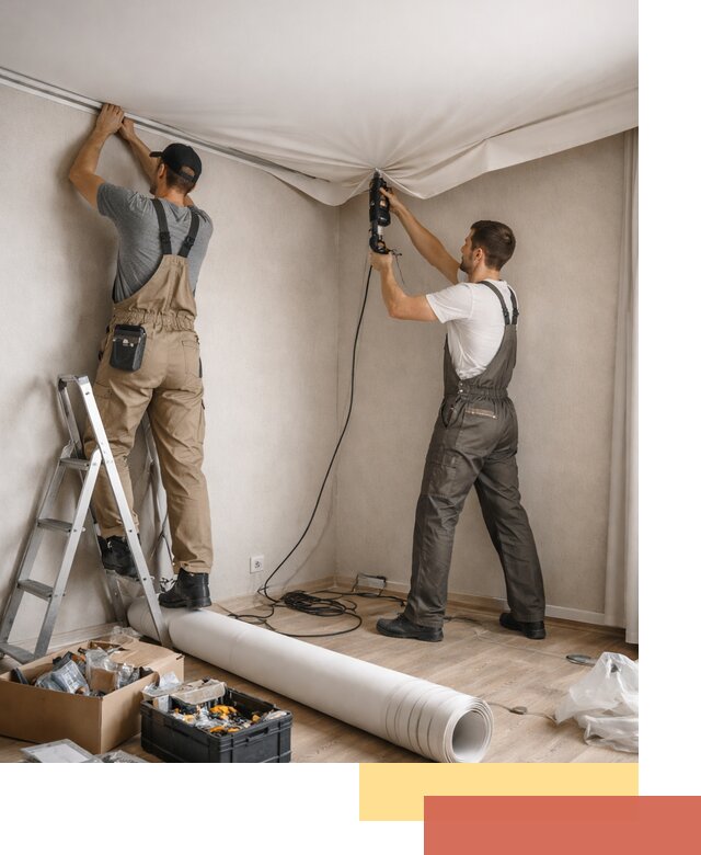 Монтаж цветного натяжного потолка в Междуреченске за один день