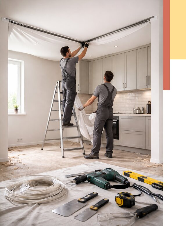 Установка натяжного потолка на кухне в Междуреченске от 2425 руб. | ОТДЕЛОЧНИК-Мжд