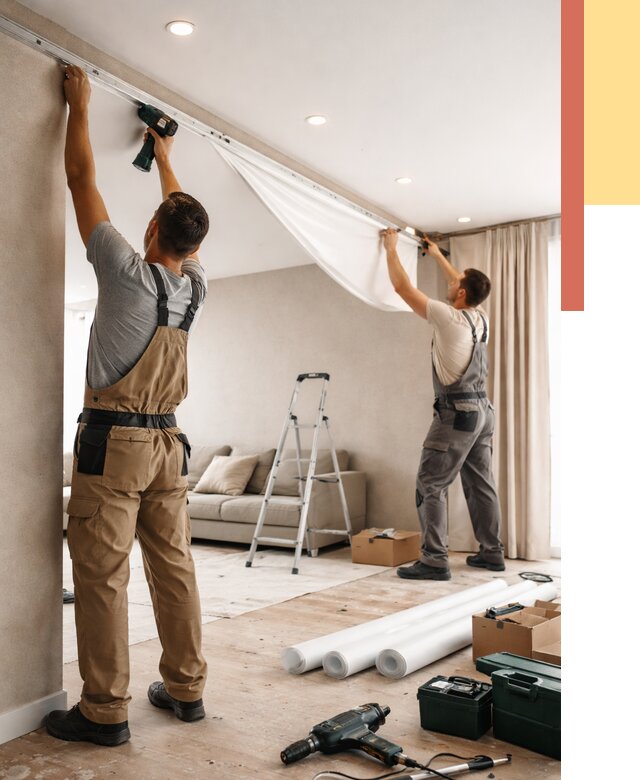 Монтаж натяжного потолка в гостиной в Междуреченске от 556 руб. | ОТДЕЛОЧНИК-Мжд