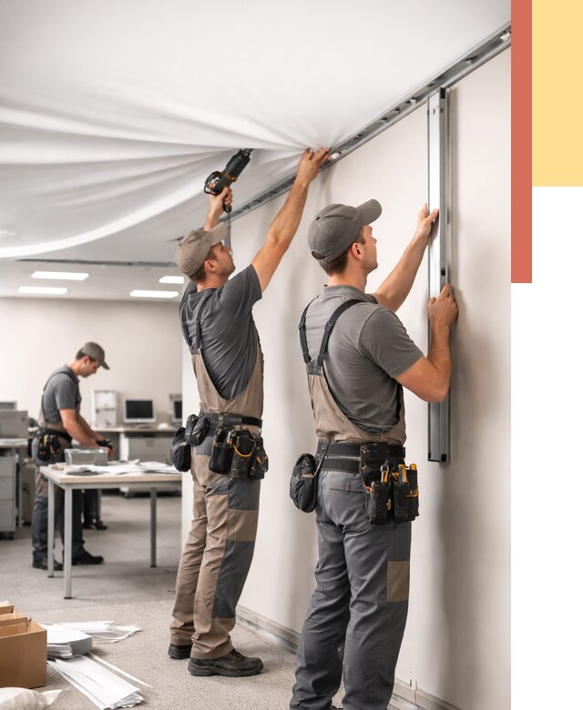 Монтаж натяжного потолка в офисе в Междуреченске от 455 руб/м² — быстро и недорого | ОТДЕЛОЧНИК-Мжд