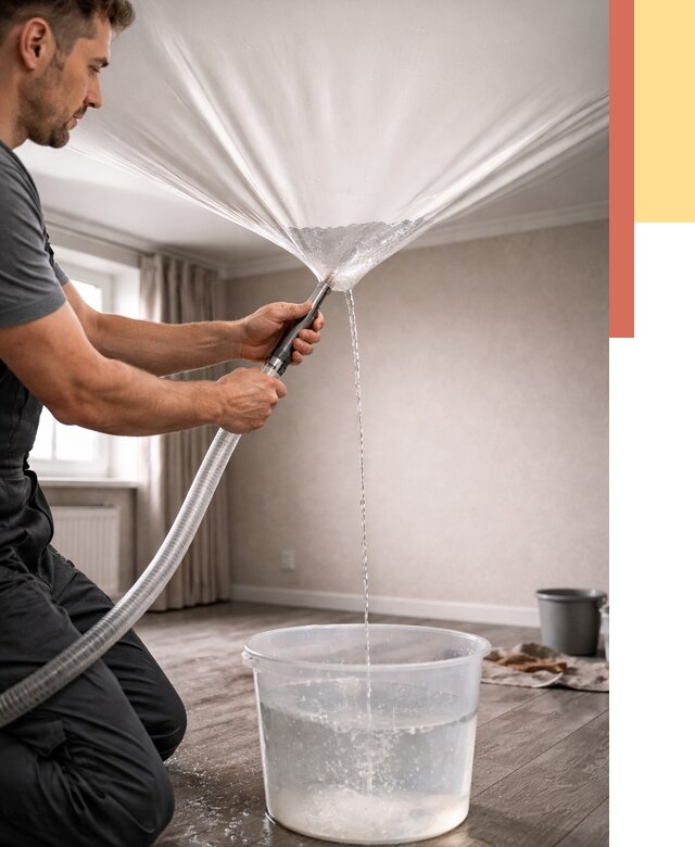 Слив воды с натяжного потолка в Междуреченске от 2526 руб. быстро и недорого | ОТДЕЛОЧНИК-Мжд