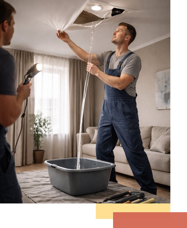 Слив воды с натяжного потолка в Междуреченске быстро и аккуратно