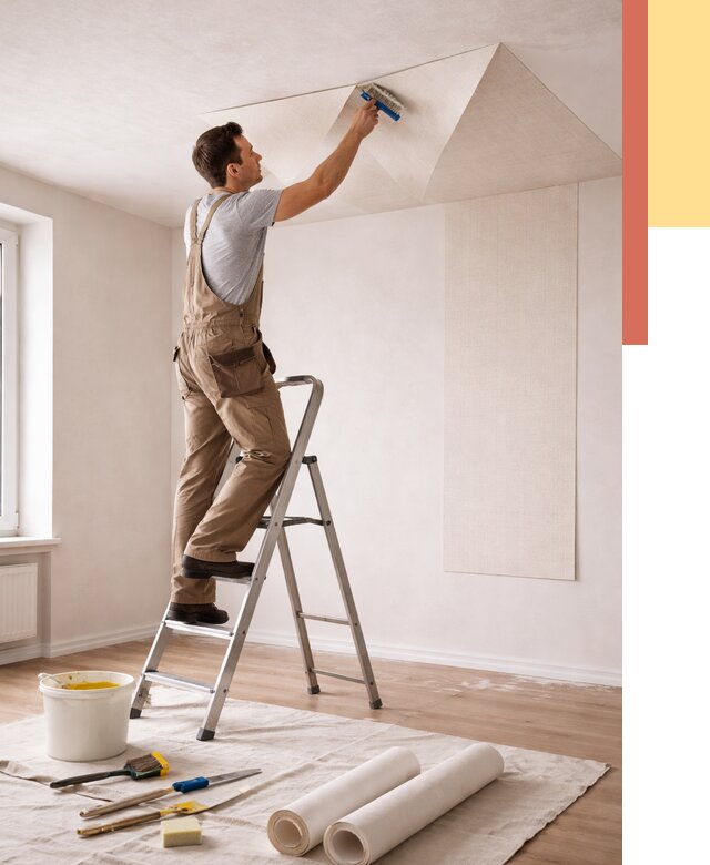 Поклейка обоев на потолок в Междуреченске от 4547 руб. быстро и недорого | ОТДЕЛОЧНИК-Мжд